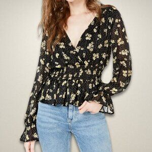 Crave Fame Blouse Peplum Hem‎ Long Sleeves Floral Print Black/Yellow/White W XL